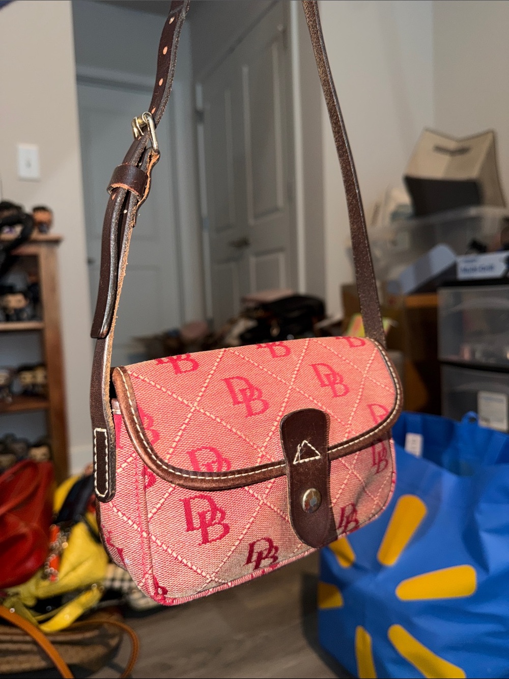 Dooney & Bourke Vintage Pink Quilted Logo Crossbody with Brown Leather Trim